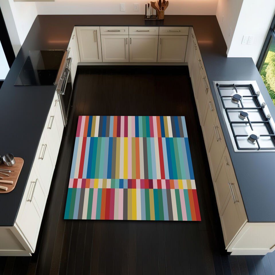 Vibrant Rainbow Striped Kitchen Rug – Colorful Anti Slip Modern Floor Mat