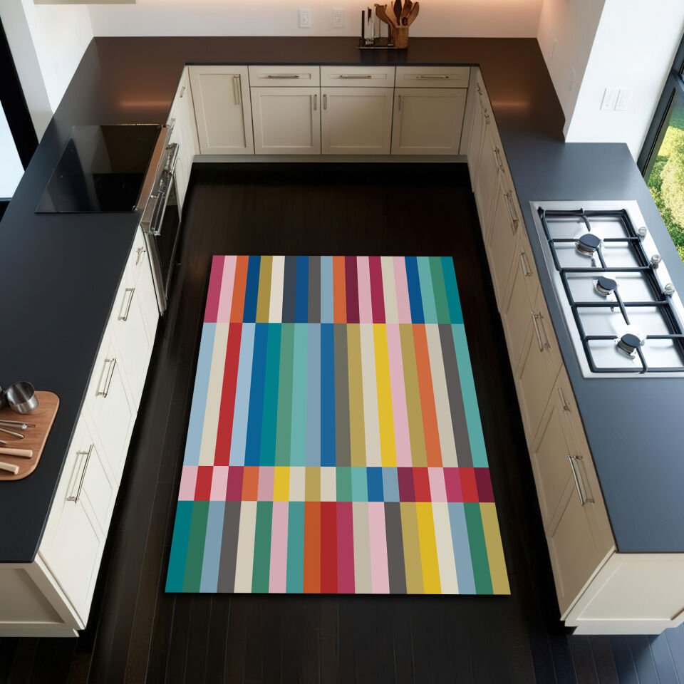Vibrant Rainbow Striped Kitchen Rug – Colorful Anti Slip Modern Floor Mat