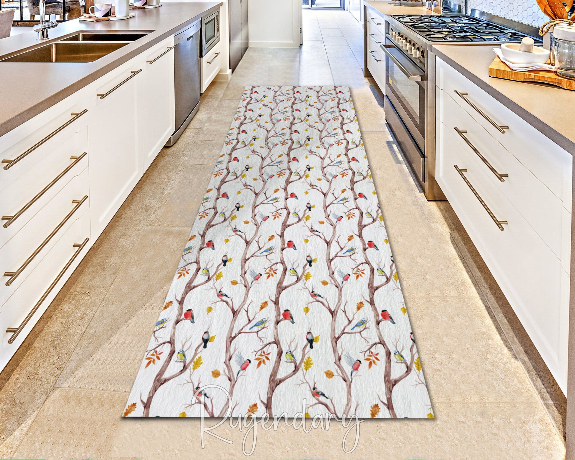 Bird & Tree Branch Kitchen Runner Rug – Nature-Inspired Long Floor Mat