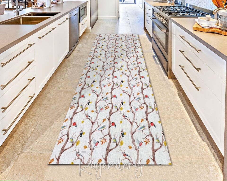 Bird & Tree Branch Kitchen Runner Rug – Nature-Inspired Long Floor Mat