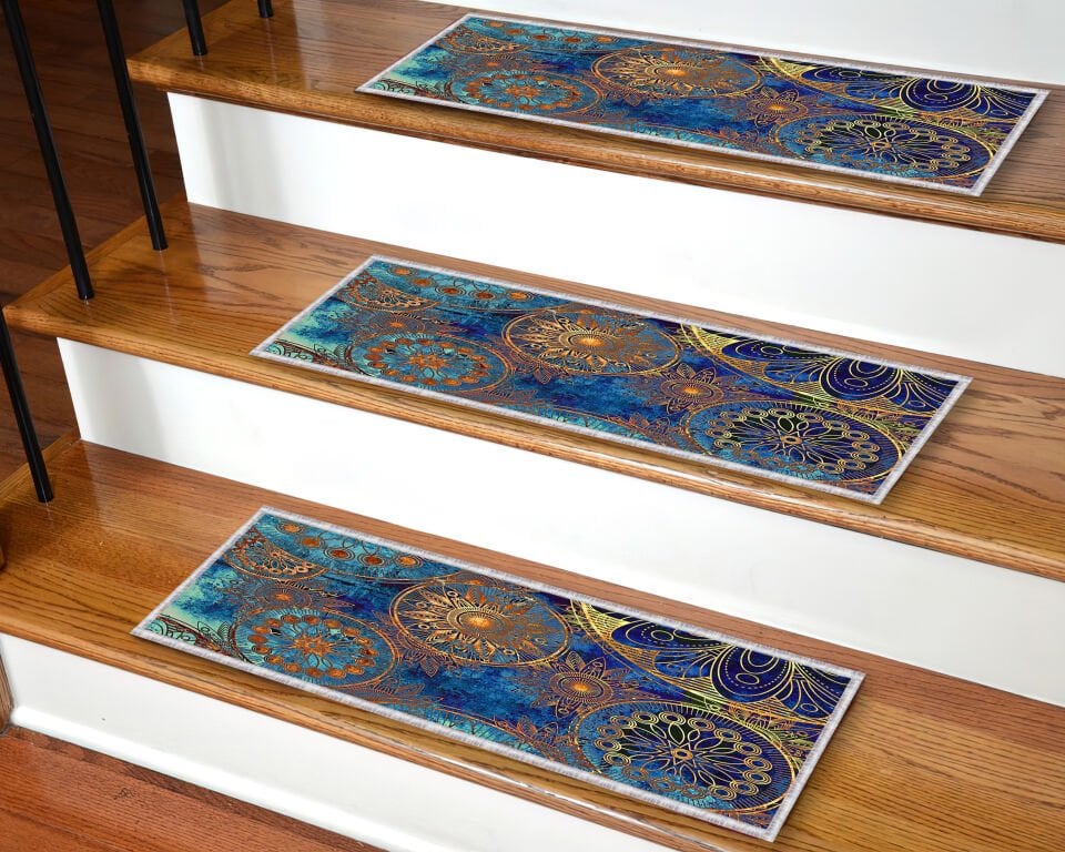 Bohemian Mandala Stair Treads – Blue & Gold Non-Slip Carpet Mats