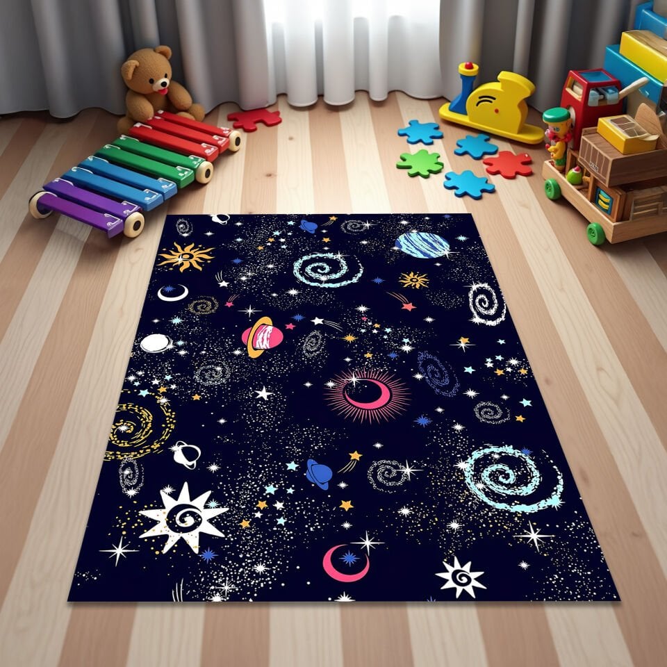 Galaxy Universe Kids Rug – Outer Space Theme Carpet for Playroom and Nursery