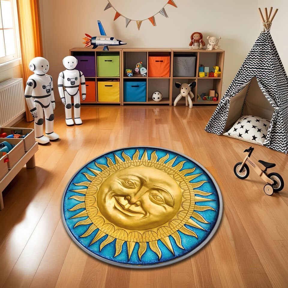Round Sun Face Kids Rug – Vibrant Golden Sun with Blue Background