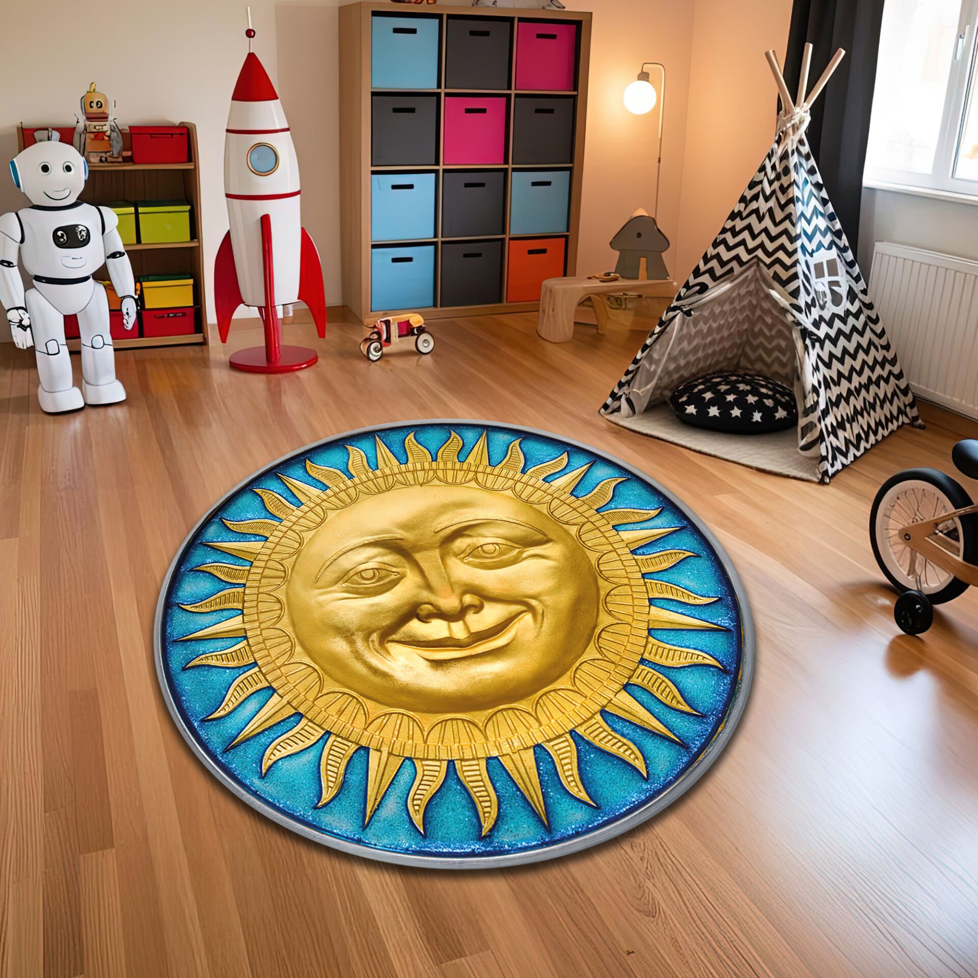 Round Sun Face Kids Rug – Vibrant Golden Sun with Blue Background