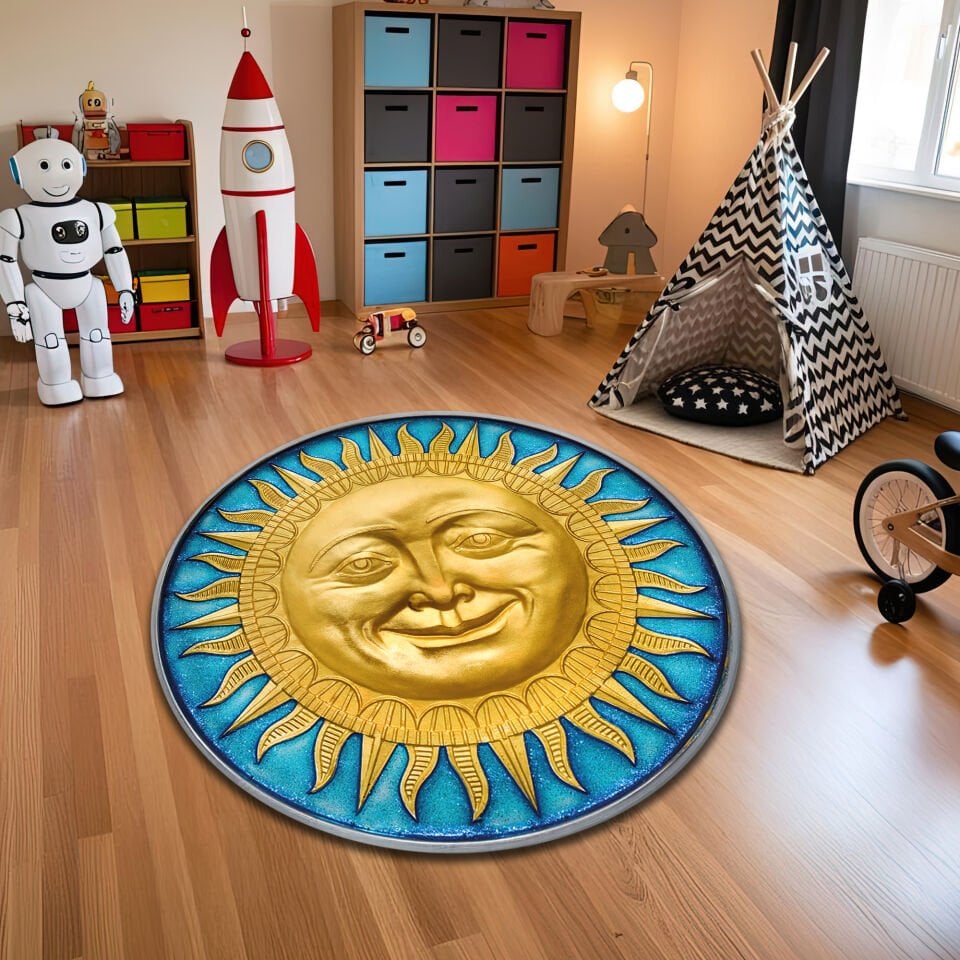 Round Sun Face Kids Rug – Vibrant Golden Sun with Blue Background