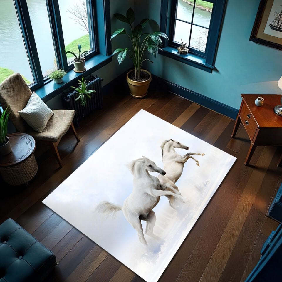 White Stallions Rug – Majestic Horse Art Floor Decor