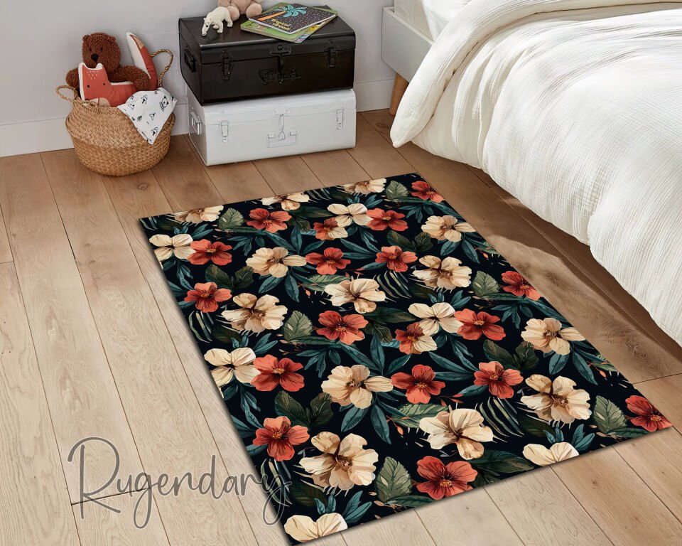 Tropical Floral Living Room Rug – Dark Botanical Bloom Carpet