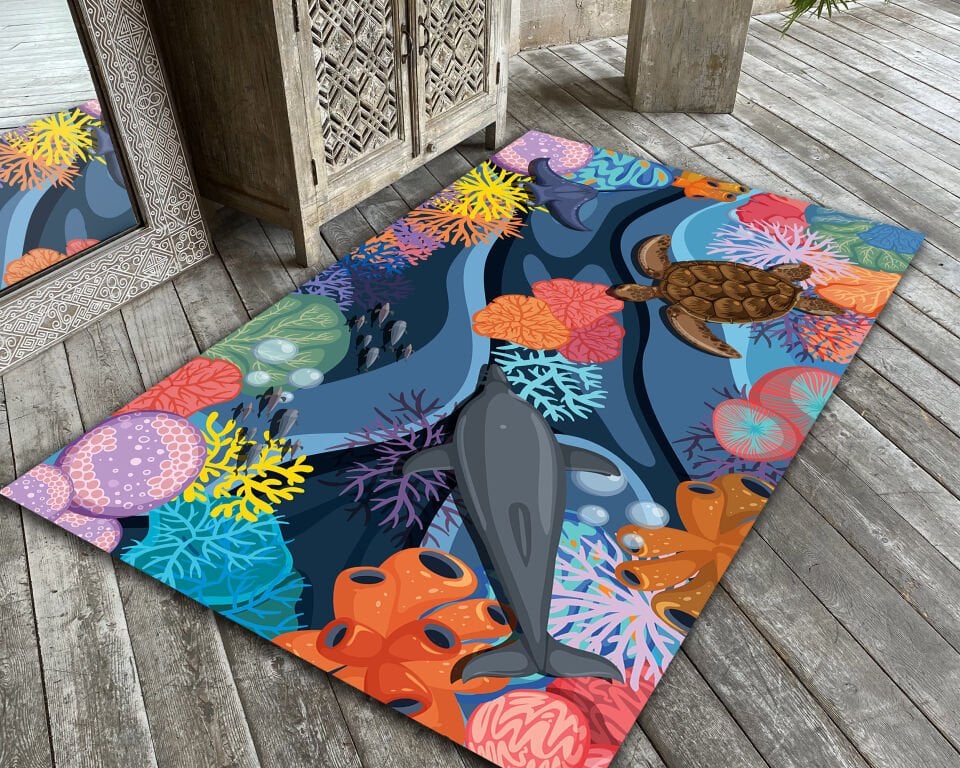 Underwater Sea Life Kids Rug Dolphin Turtle Ocean Theme Playroom Carpet Colorful Coral Area Mat