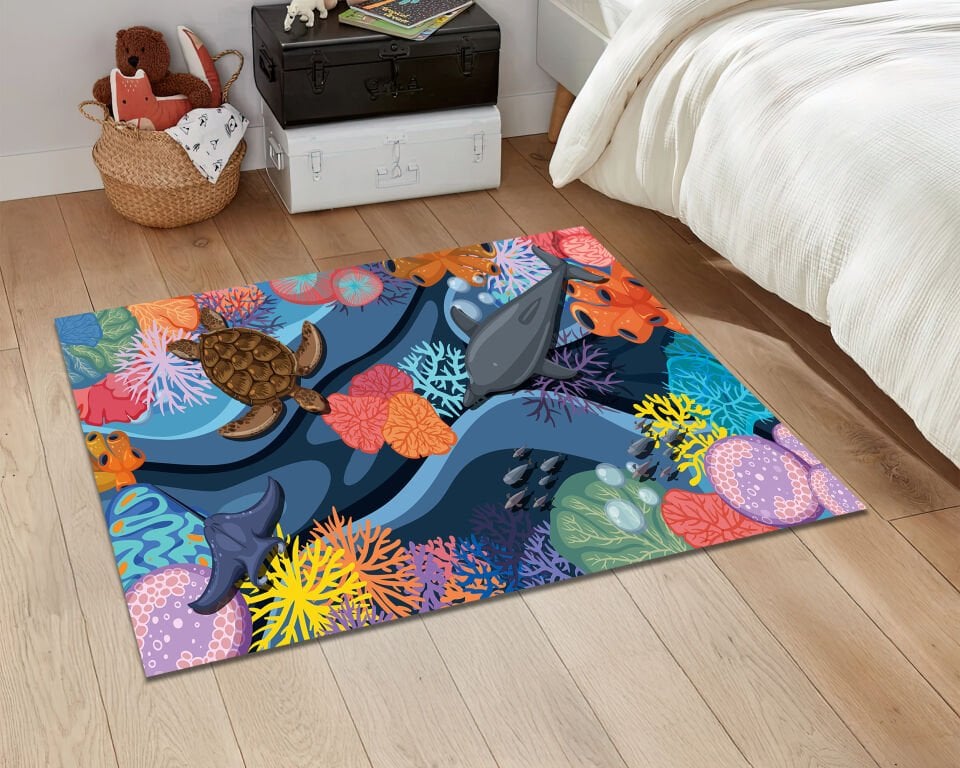Underwater Sea Life Kids Rug Dolphin Turtle Ocean Theme Playroom Carpet Colorful Coral Area Mat