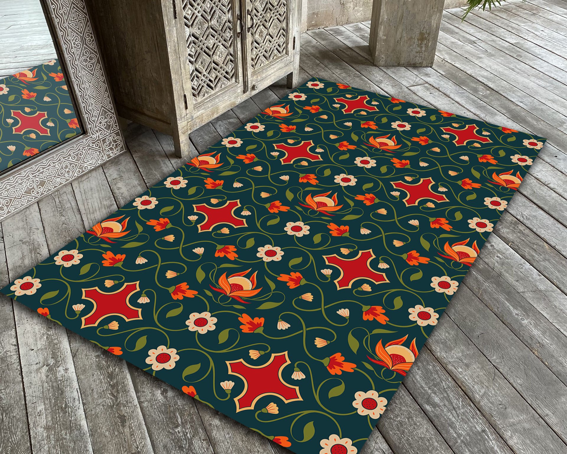 Floral Pattern Rug Vintage Botanical Carpet Red and Green Design for Living Room and Bedroom Decor