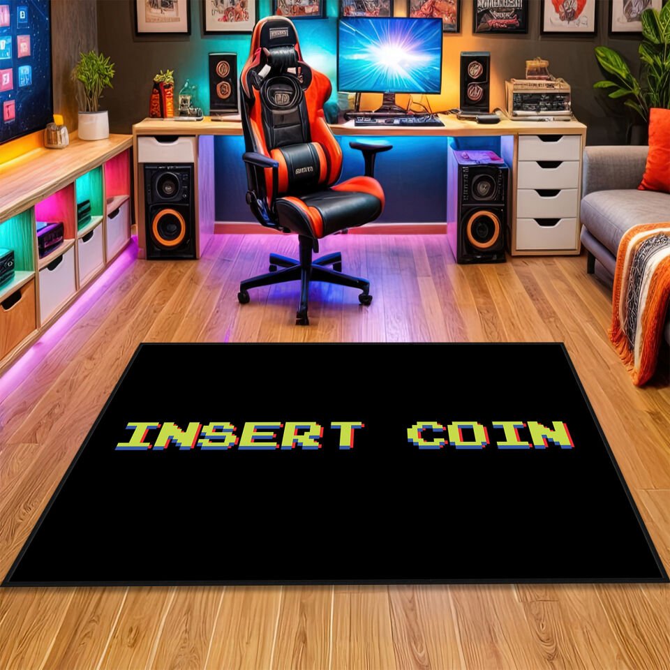 Insert Coin Retro Gaming Rug – Vintage Arcade Style Game Room Carpet
