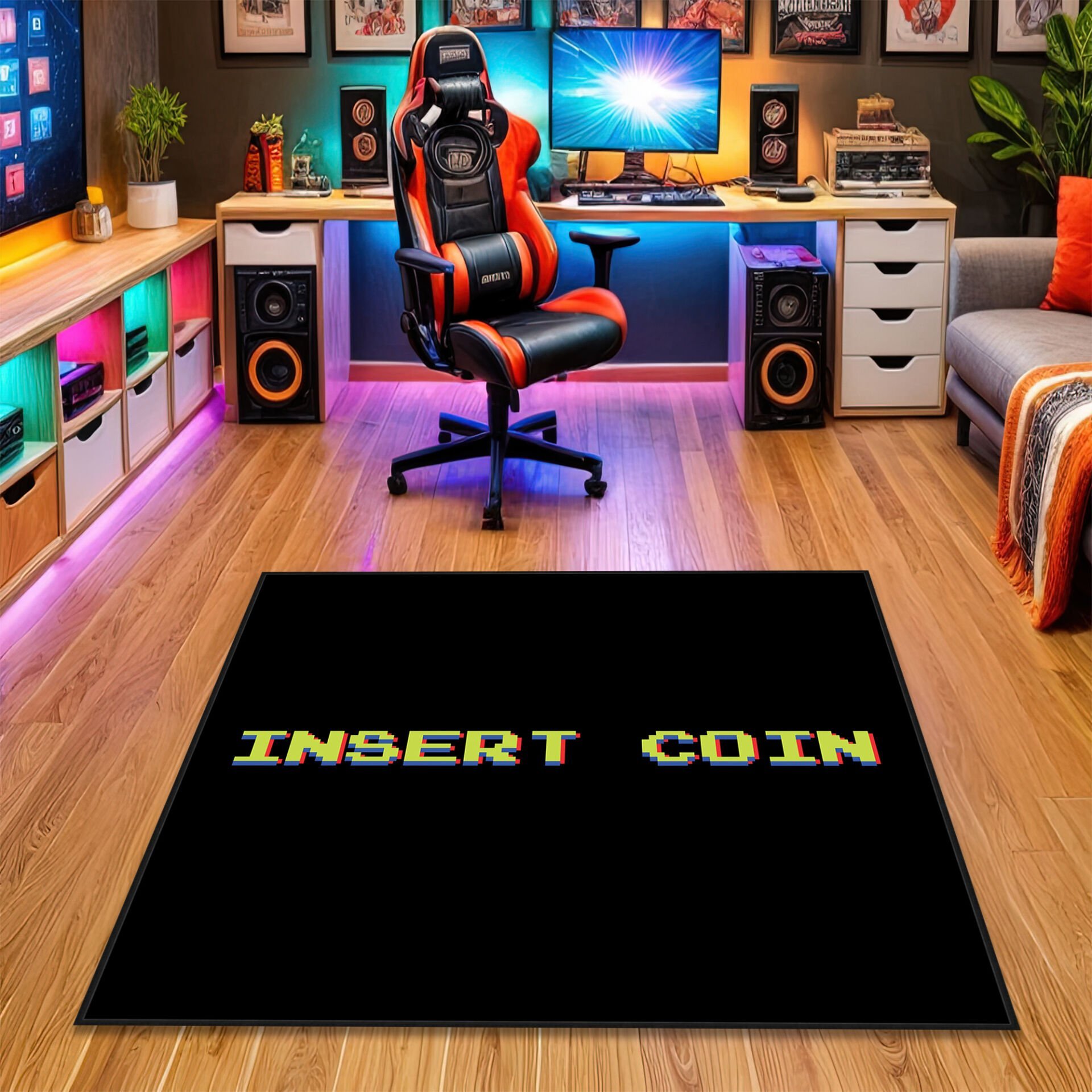 Insert Coin Retro Gaming Rug – Vintage Arcade Style Game Room Carpet