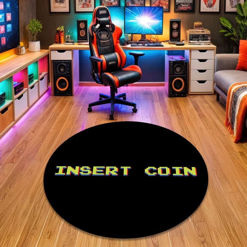Insert Coin Retro Gaming Rug – Vintage Arcade Style Game Room Carpet