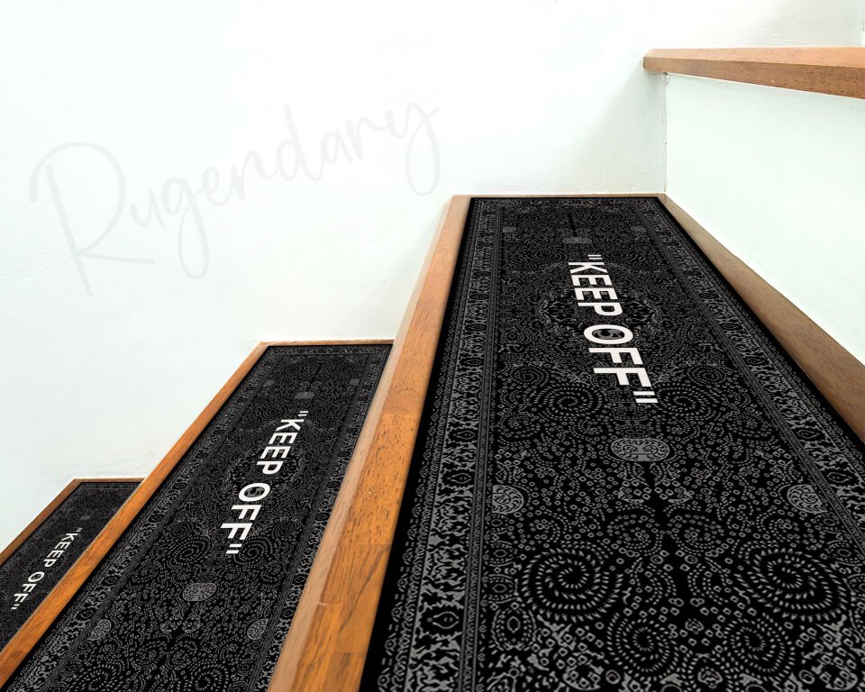 Black Stair Mat with ''KEEP OFF'' Quote – Modern Non-Slip Stair Rug