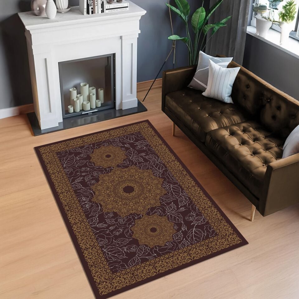 Brown Medallion Rug Elegant Oriental Pattern Decorative Carpet