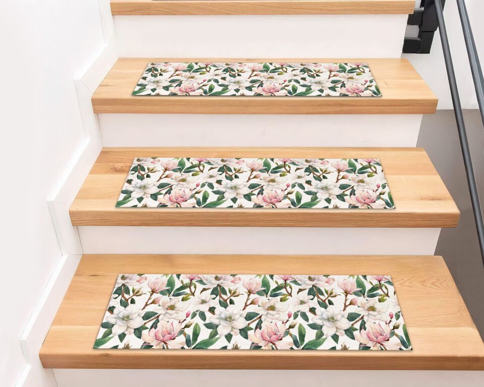 Magnolia Blossom Stair Treads – Elegant Floral Non-Slip Stair Mats
