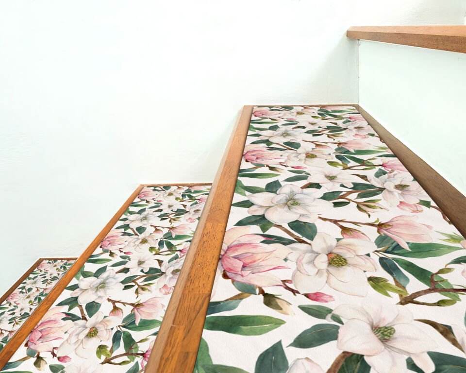 Magnolia Blossom Stair Treads – Elegant Floral Non-Slip Stair Mats