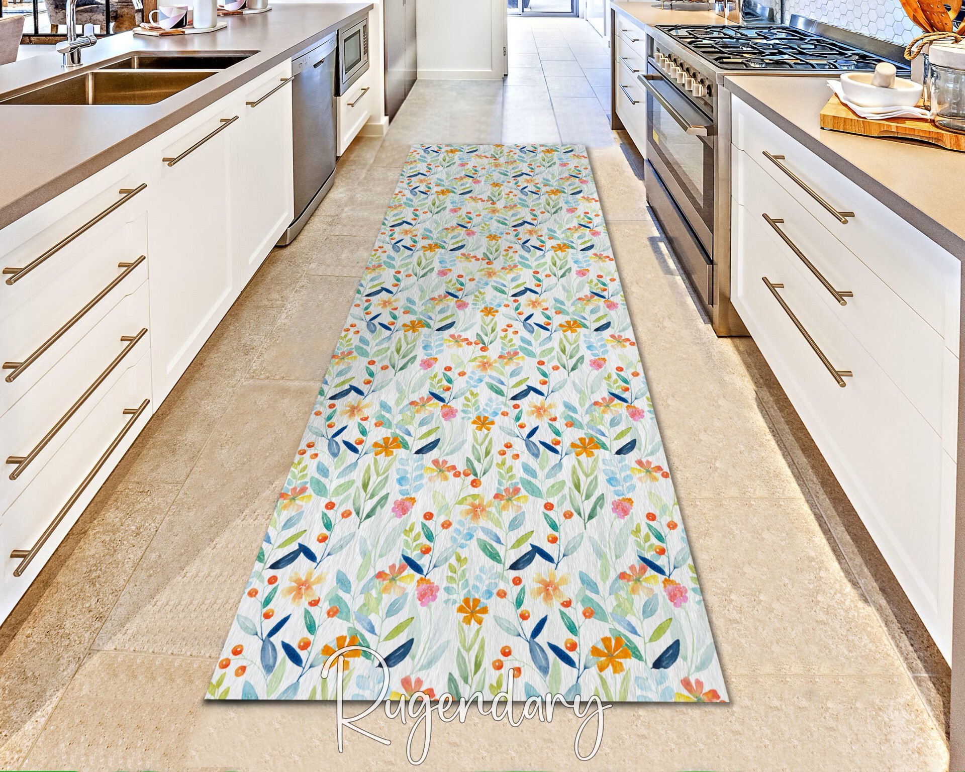 Colorful Floral & Leaf Runner Rug – Watercolor Botanical Pattern, Non-Slip & Washable Hallway Carpet