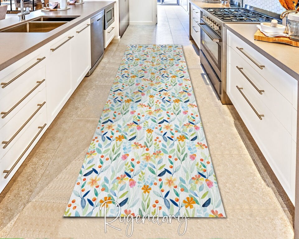 Colorful Floral & Leaf Runner Rug – Watercolor Botanical Pattern, Non-Slip & Washable Hallway Carpet