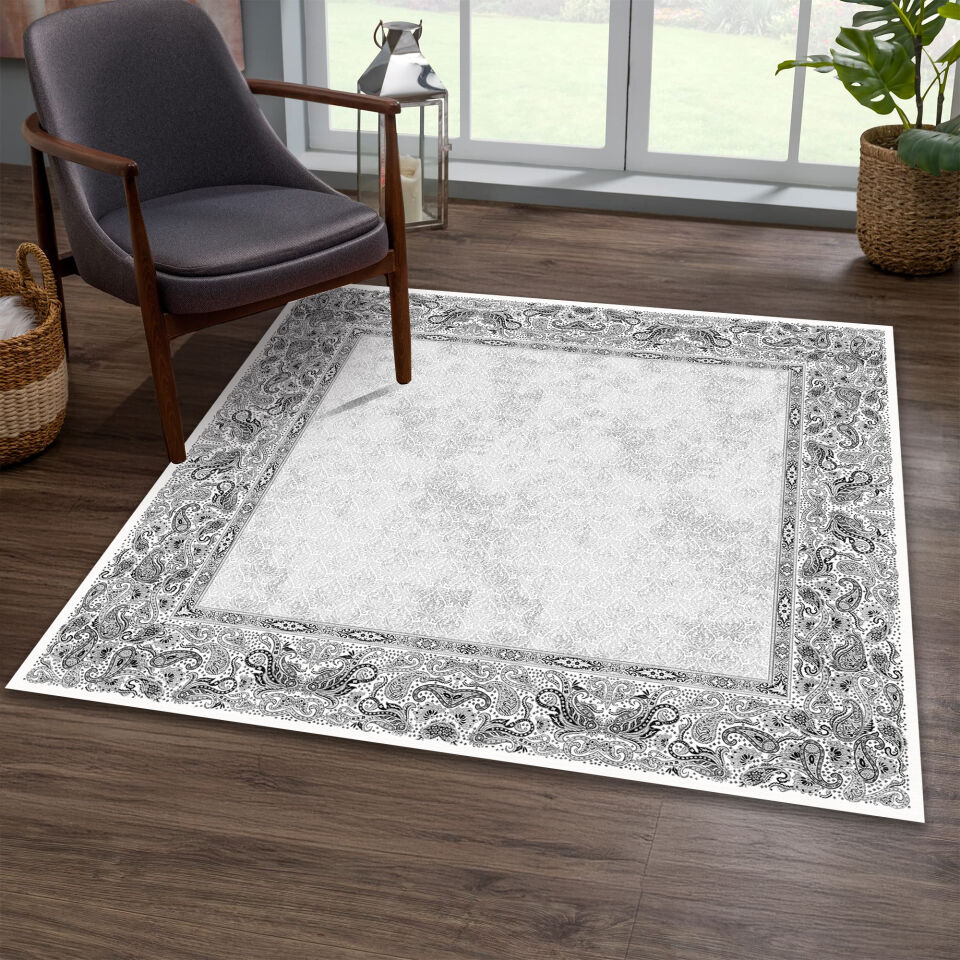 Ivory Paisley Border Square Rug – Classic Pattern Carpet for Living Room