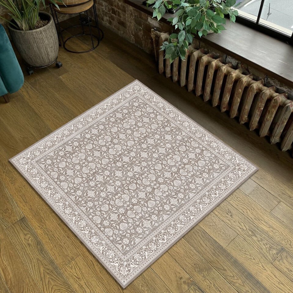 Beige Square Rug – Classic Floral Pattern Carpet for Living Room, Bedroom