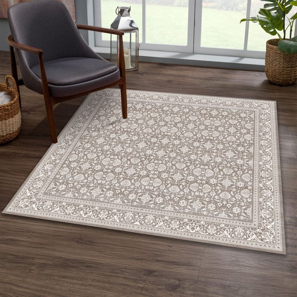 Beige Square Rug – Classic Floral Pattern Carpet for Living Room, Bedroom