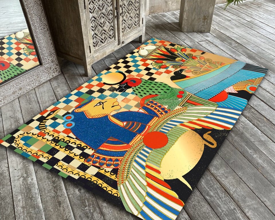 Egyptian Mythology Rug Colorful Pharaoh and Goddess Ancient Art Carpet for Home Decor