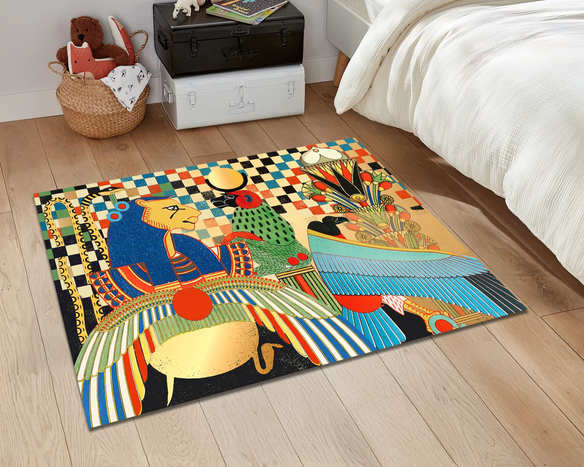 Egyptian Mythology Rug Colorful Pharaoh and Goddess Ancient Art Carpet for Home Decor