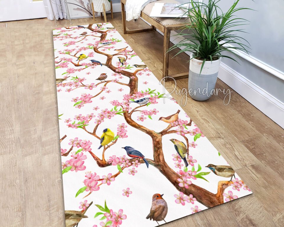 Spring Blossom Bird Runner Rug – Nature-Inspired Carpet for Hallway or Entryway