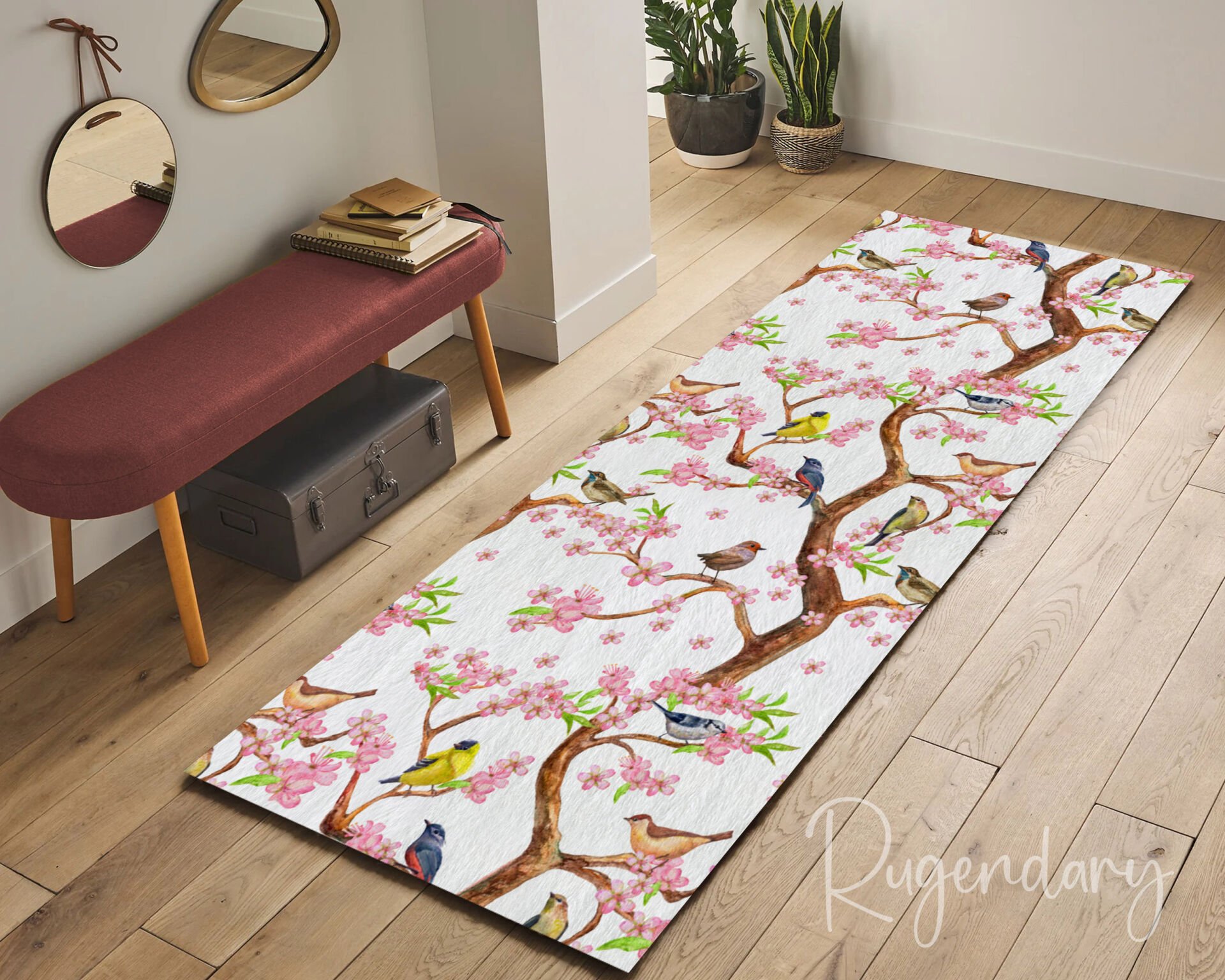 Spring Blossom Bird Runner Rug – Nature-Inspired Carpet for Hallway or Entryway