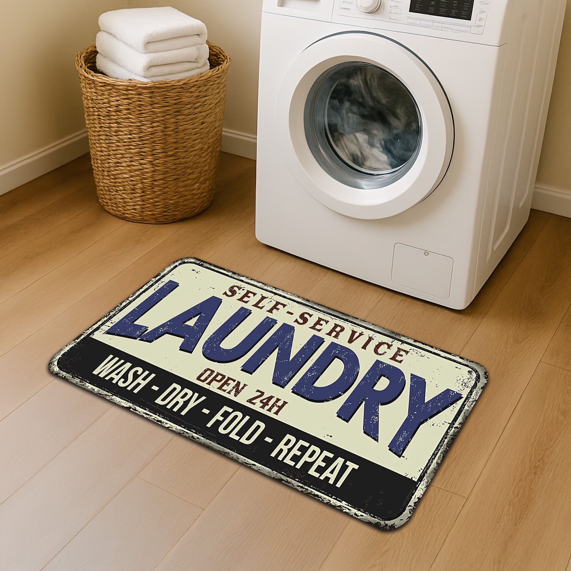 Self-Service Laundry Room Mat – Wash Dry Fold Repeat Design