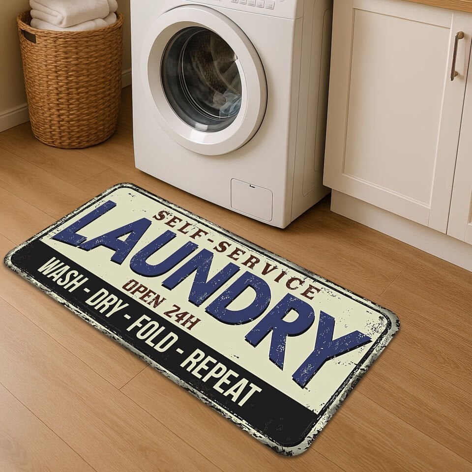 Self-Service Laundry Room Mat – Wash Dry Fold Repeat Design