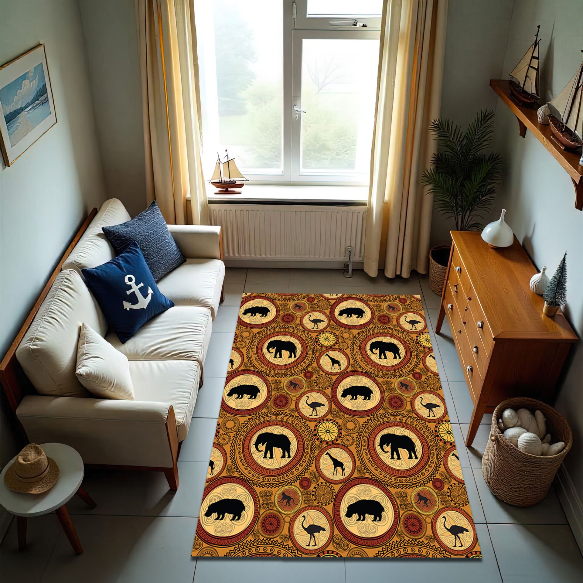 African Safari Animal Rug – Tribal Circle Pattern with Wildlife Silhouettes
