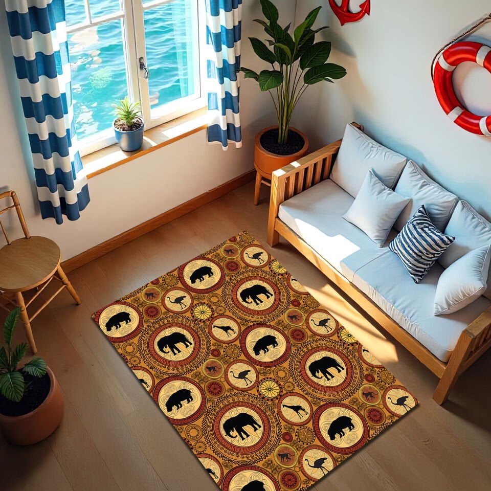African Safari Animal Rug – Tribal Circle Pattern with Wildlife Silhouettes