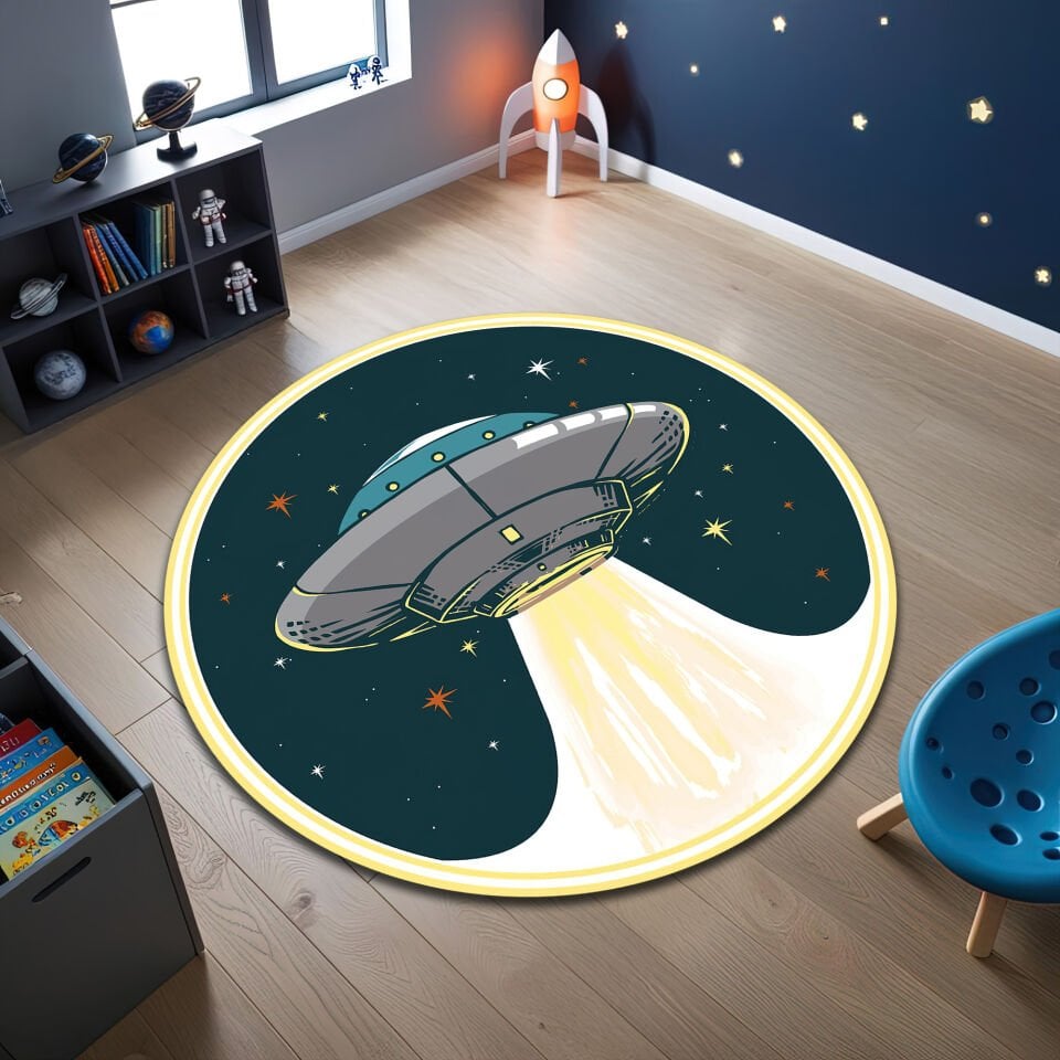 Round UFO Kids Rug – Cartoon Spaceship with Light Beam