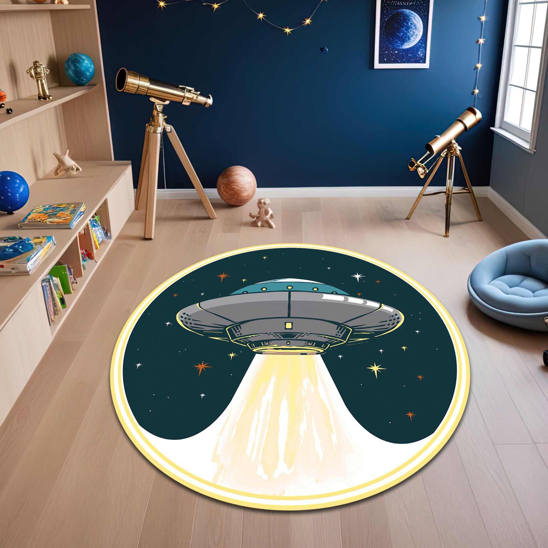 Round UFO Kids Rug – Cartoon Spaceship with Light Beam