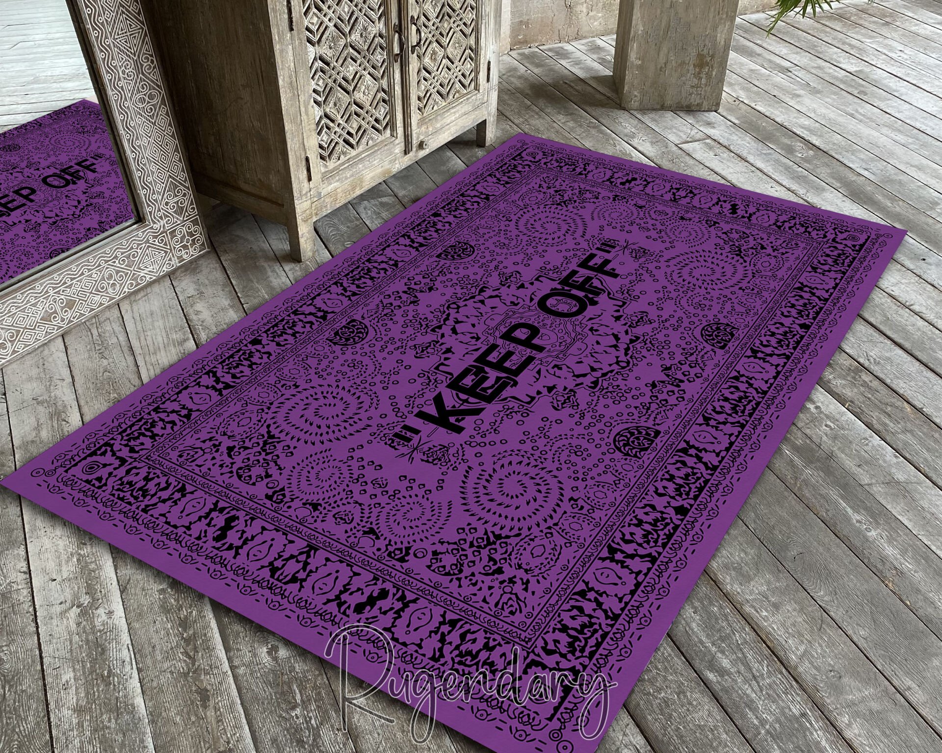 Purple Area Rug with “KEEP OFF” Quote – Modern Statement Carpet for Living Room & Bedroom