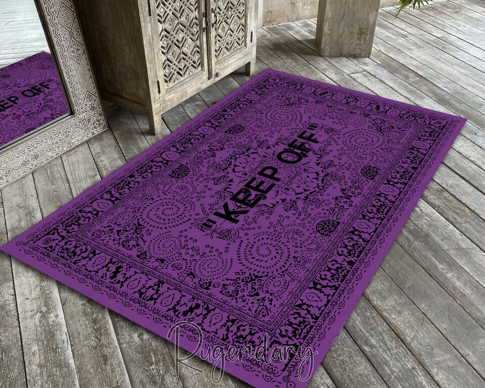 Purple Area Rug with “KEEP OFF” Quote – Modern Statement Carpet for Living Room & Bedroom