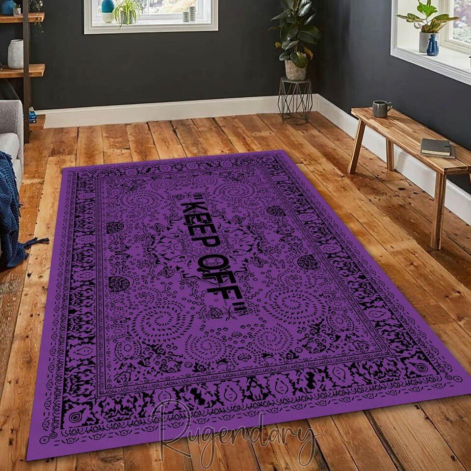 Purple Area Rug with “KEEP OFF” Quote – Modern Statement Carpet for Living Room & Bedroom