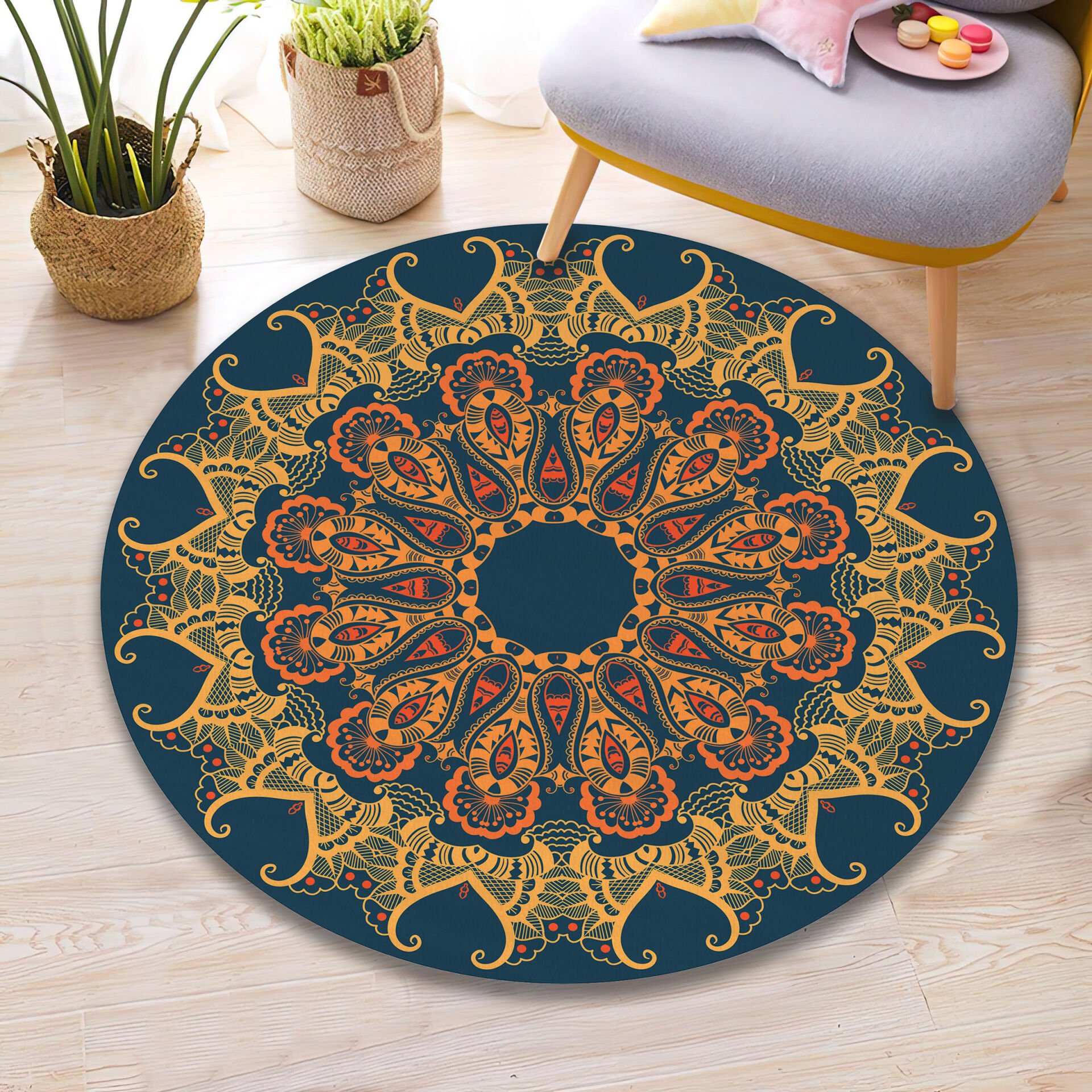 Bohemian Mandala Rug Gold and Blue Pattern Carpet Spiritual Boho Floor Decor Yoga Room Mat