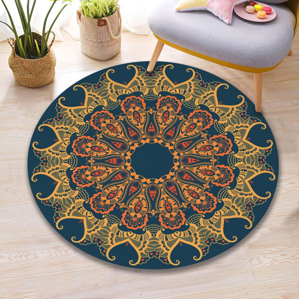 Bohemian Mandala Rug Gold and Blue Pattern Carpet Spiritual Boho Floor Decor Yoga Room Mat