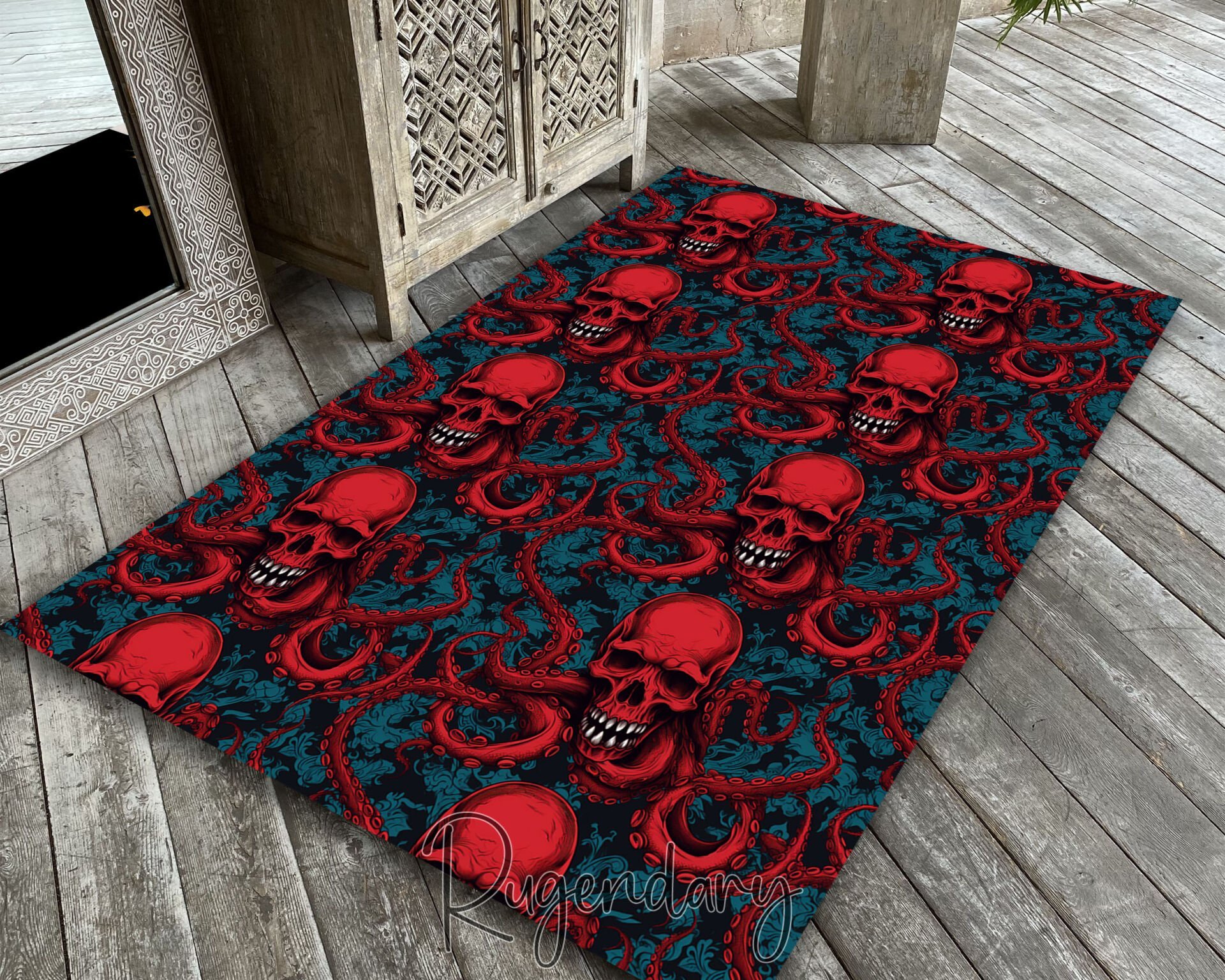 Gothic Skull & Tentacle Rug – Dark Red Horror-Inspired Floor Art