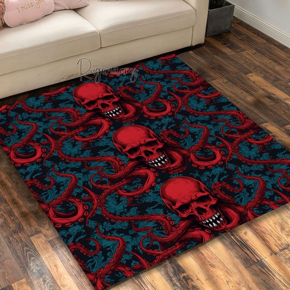 Gothic Skull & Tentacle Rug – Dark Red Horror-Inspired Floor Art