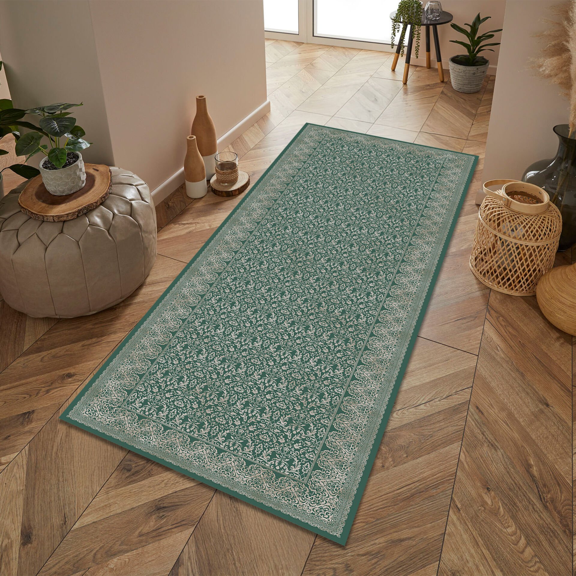 Elegant Green Pattern Runner Rug for Hallway and Kitchen Spaces
