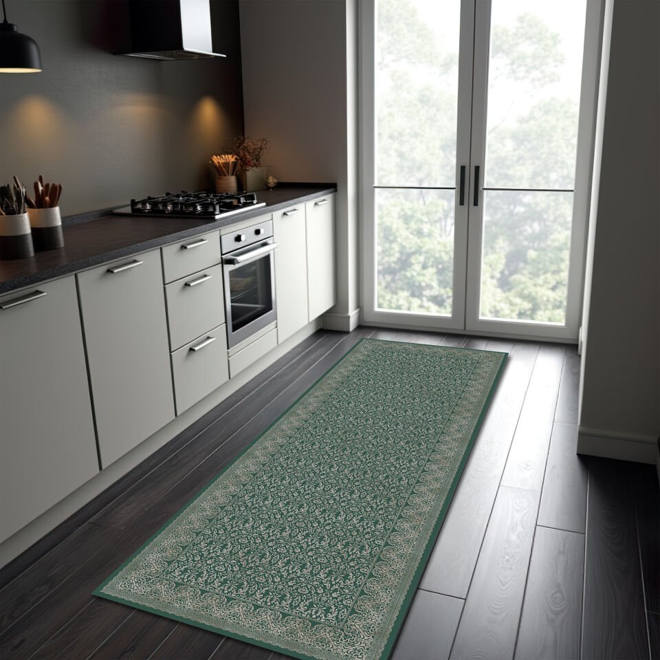 Elegant Green Pattern Runner Rug for Hallway and Kitchen Spaces