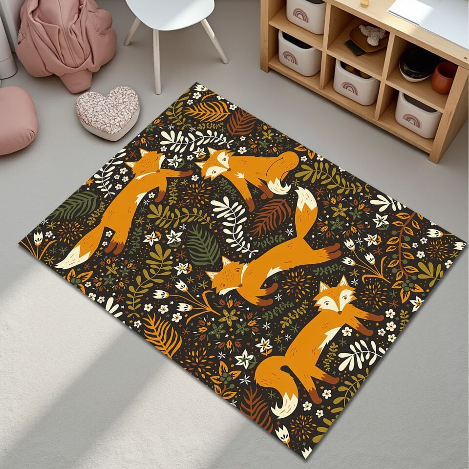Cute Fox Pattern Kids Rug – Forest Animal Playroom Carpet
