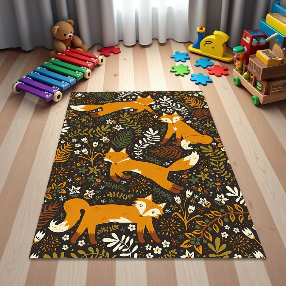 Cute Fox Pattern Kids Rug – Forest Animal Playroom Carpet
