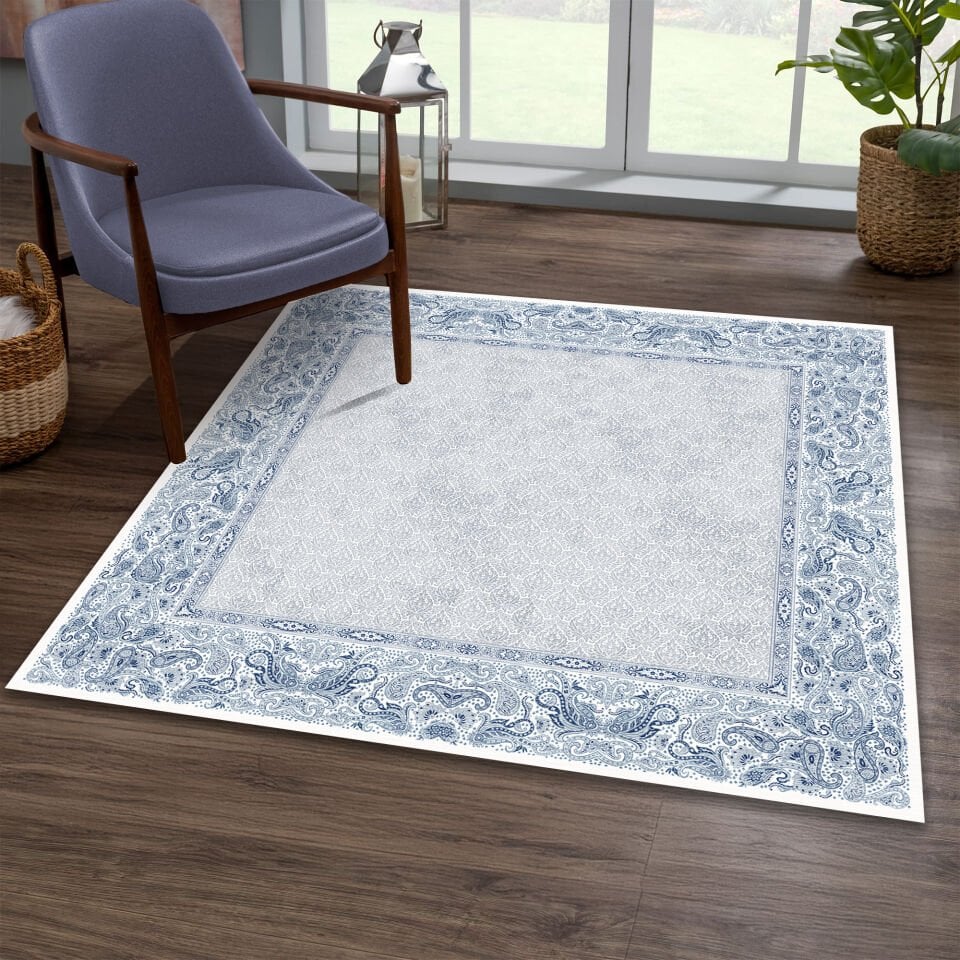 Blue Paisley Border Square Rug – Classic Pattern Carpet for Living Room