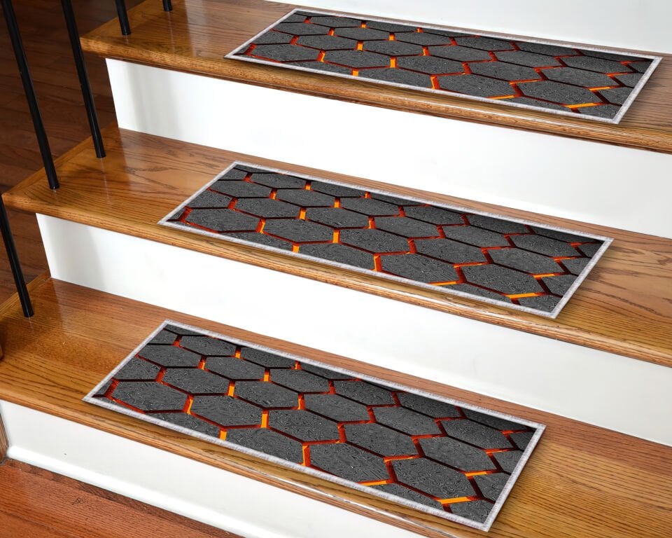 Modern Geometric Stair Treads – Charcoal & Orange Non-Slip Carpet Mats