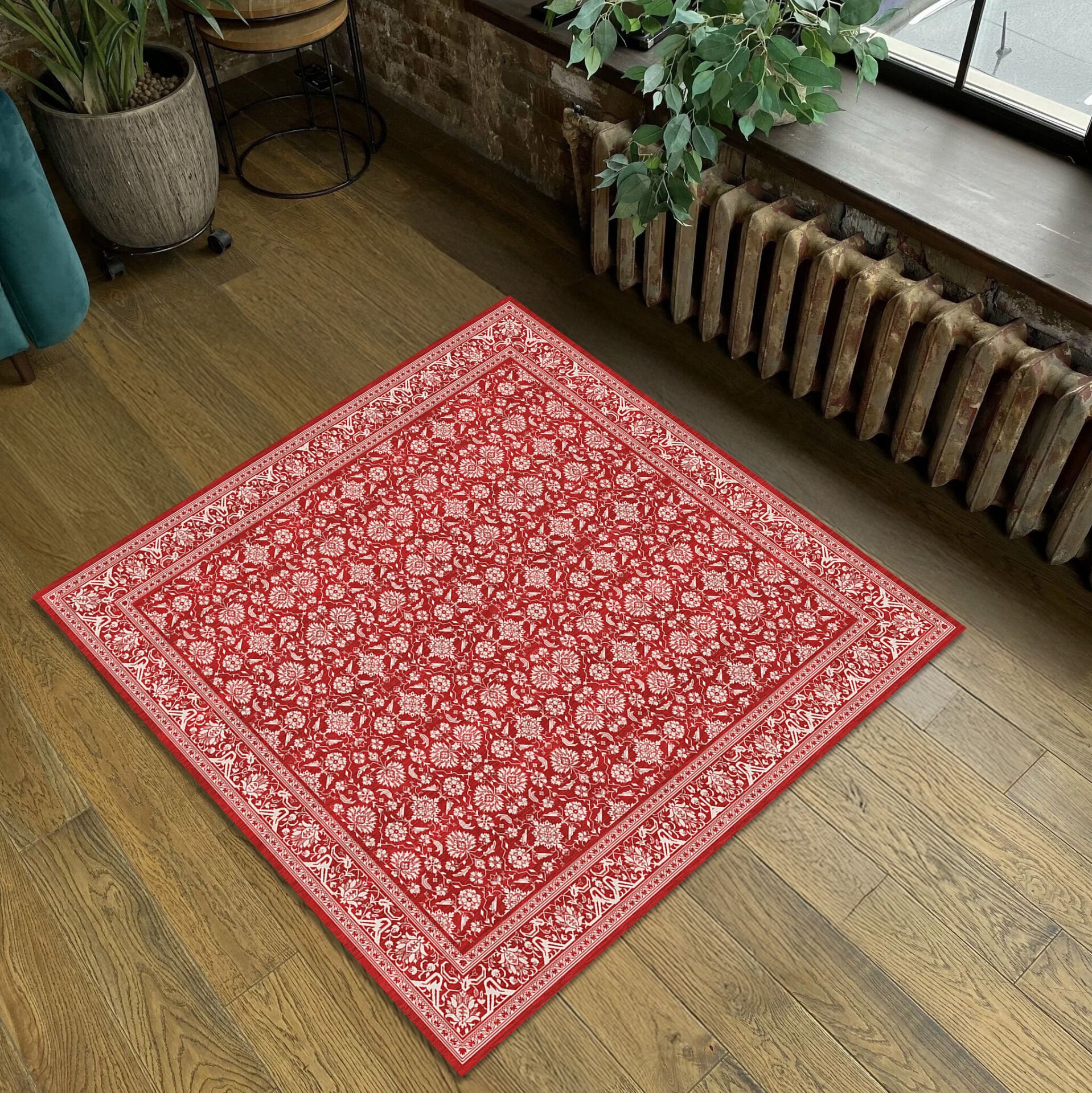 Red Square Area Rug – Classic Floral Pattern Carpet for Living Room